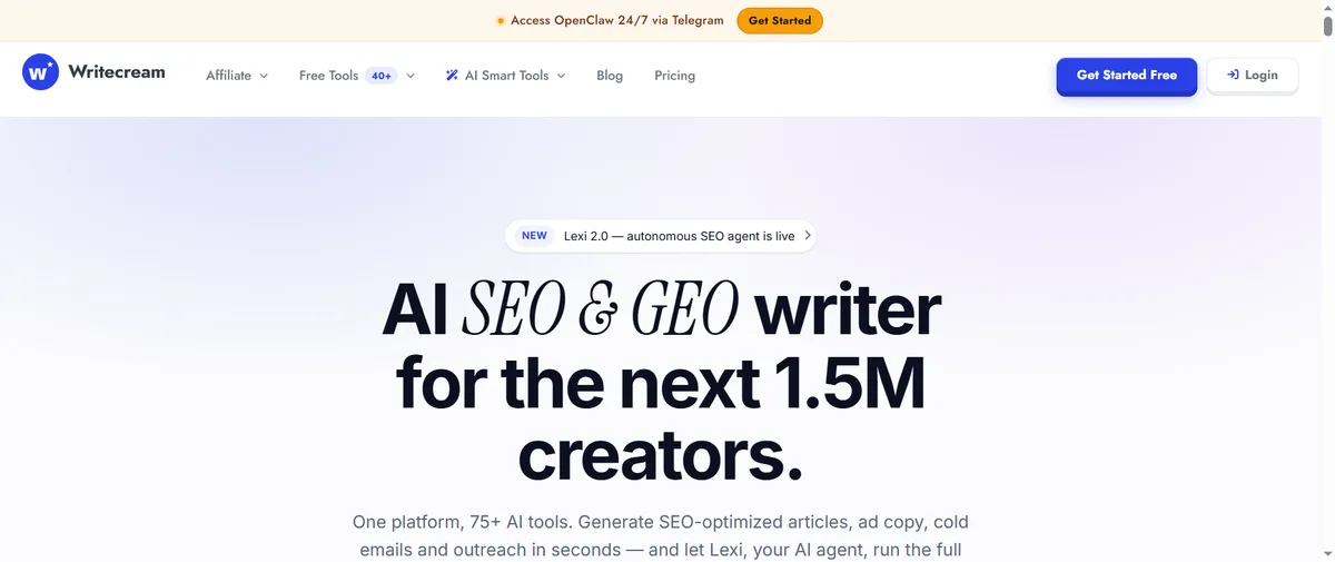 Writecream AI Content Detector官网首页（writecream.com）