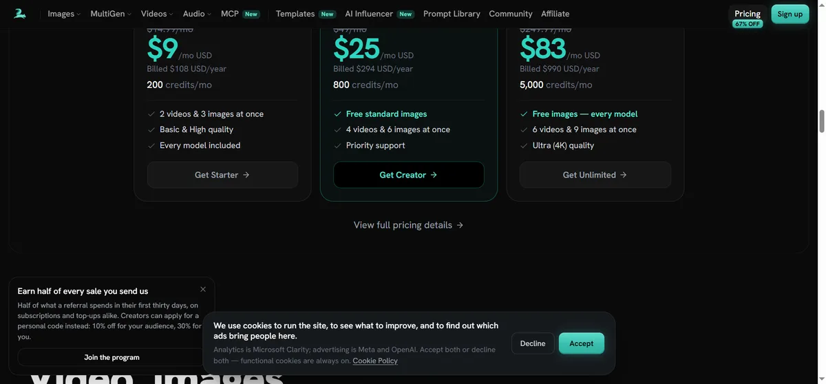 Zorq AI 定价卡：Starter 200 积分、Creator 800 积分、Unlimited 5000 积分三档，年付折合每月 9、25、83 美元