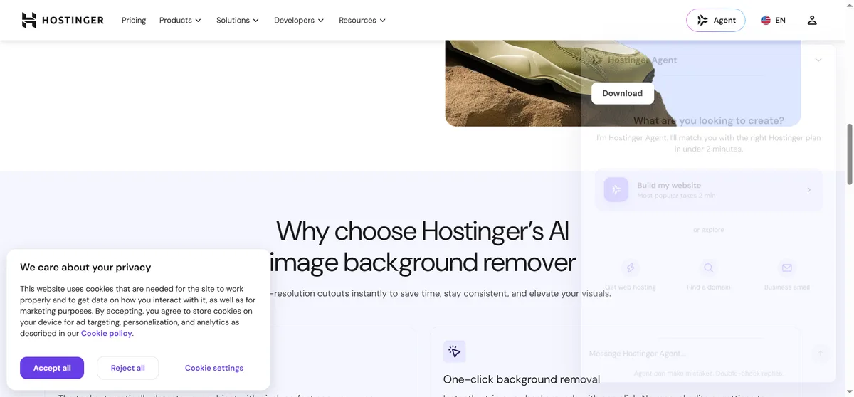 Hostinger AI Background Remover 工具页首屏:上传图片后一键去除背景并预览下载